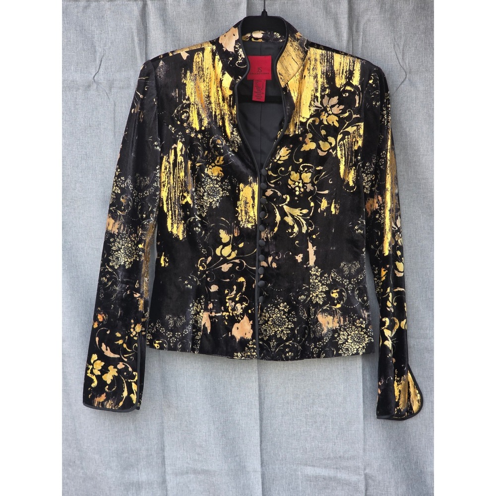 JS Collections Black Gold Metallic Floral Silk Blend Velvet Evening Jacket 6